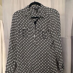 White House Black Market Black and White Diamond Pattern Silk Blouse